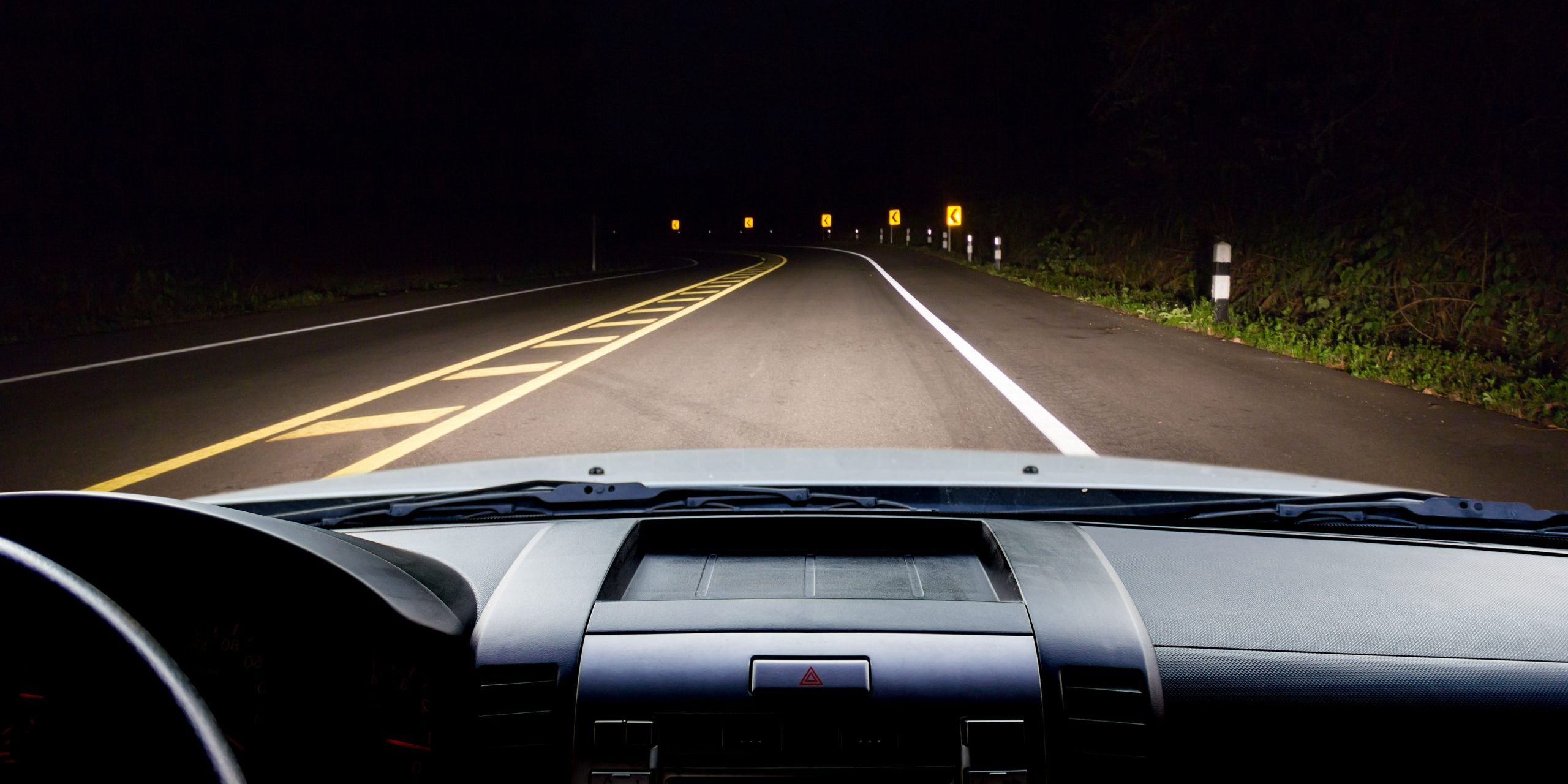 View from car at night.